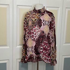 New‎ York & Company Burgundy and Pink Animal Print Blouse - Size XL